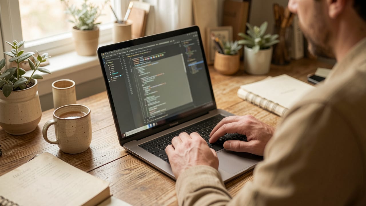 Software developer working at a warmly lit desk